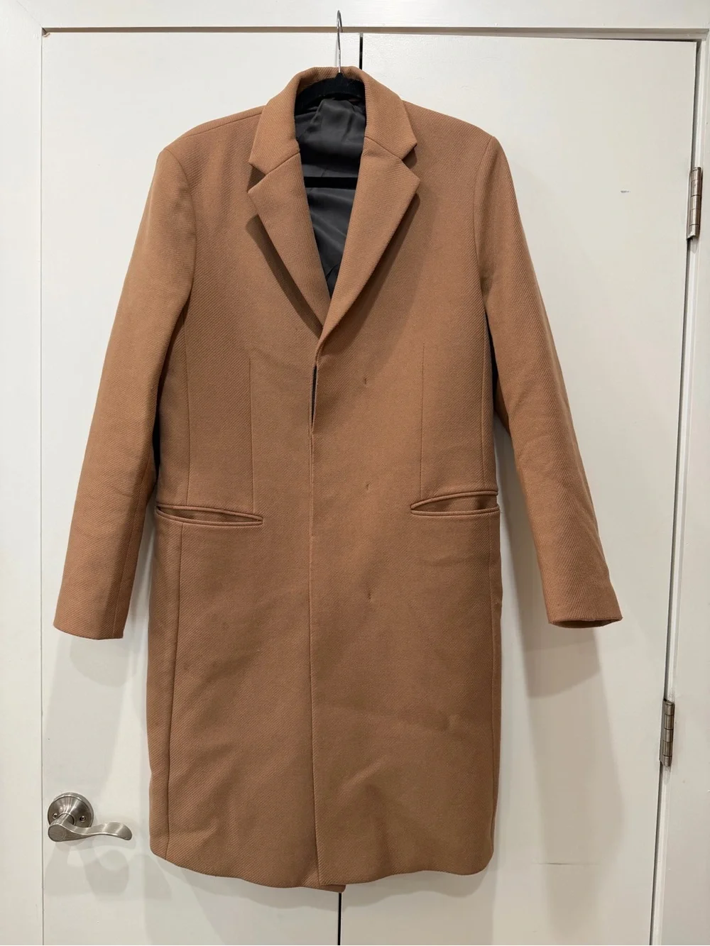 Theory Manroe Traceable Melton Wool Cashmere Overcoat Camel Men's Size S flawed